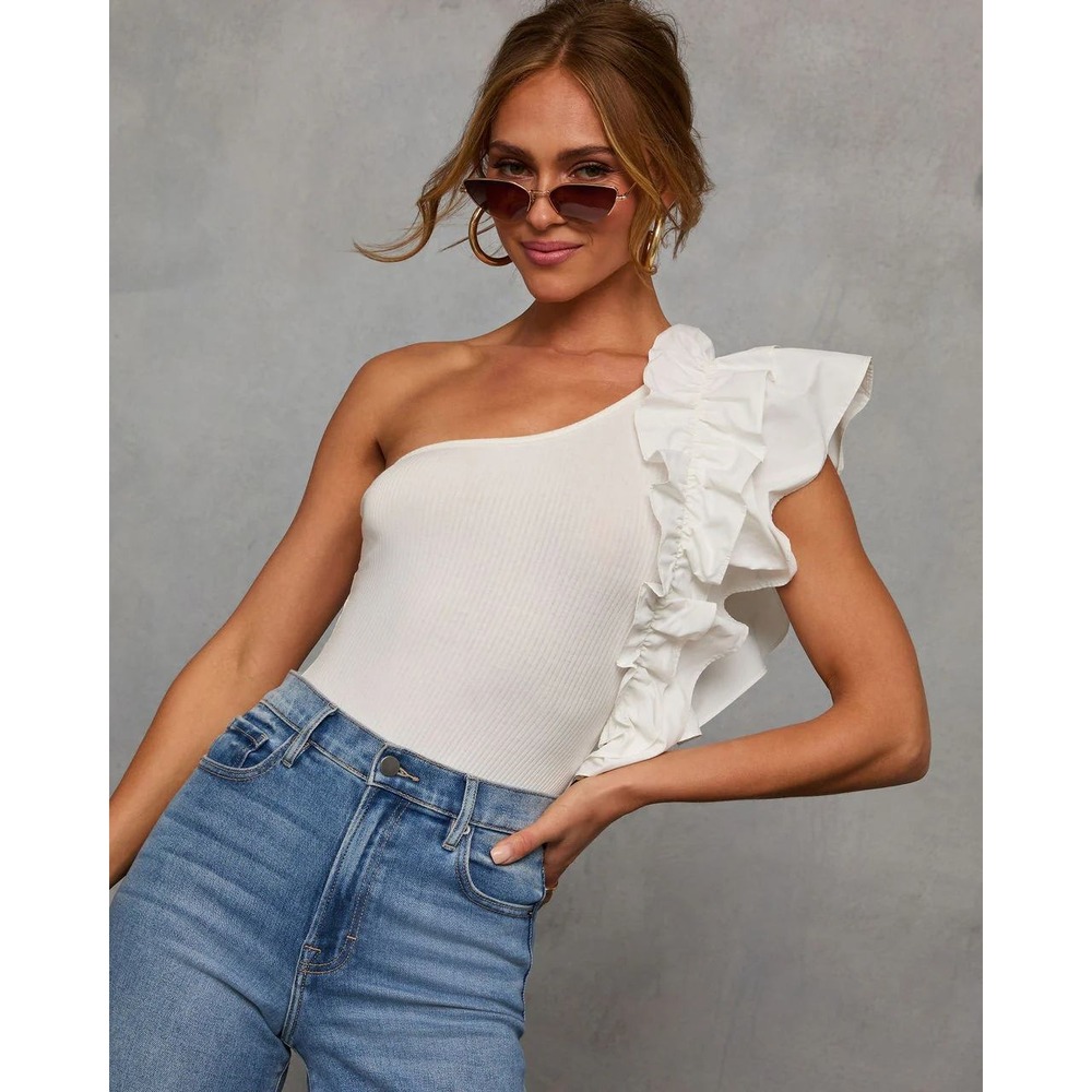 Statement Maker Ribbed One Shoulder Ruffle Bodysu… - image 2